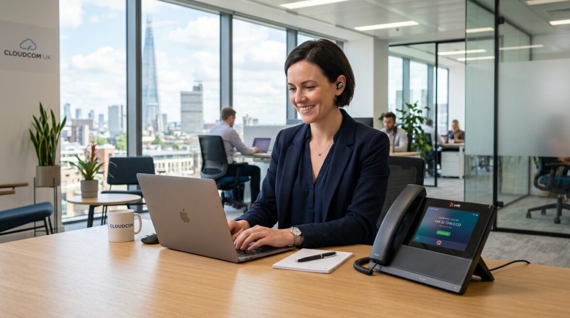 Modern UK office desk featuring a laptop and an IP phone connected to a hosted telephone system.