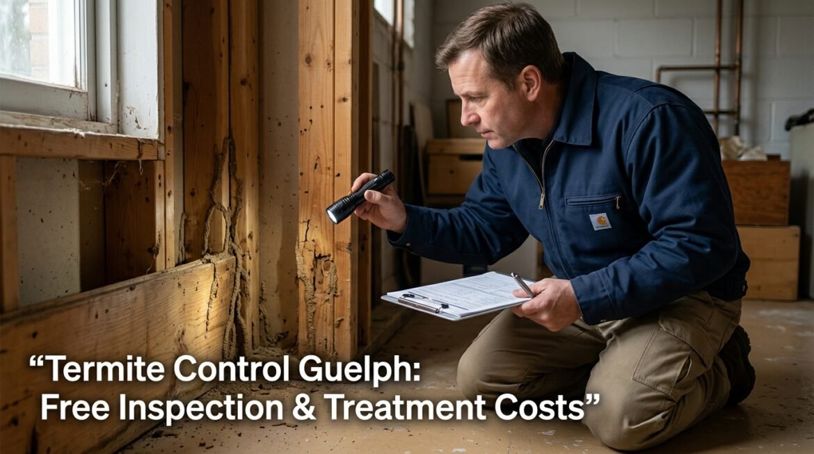 Termite control expert inspecting termite damage inside a home in Guelph using a flashlight during a free termite inspection and treatment cost assessment.