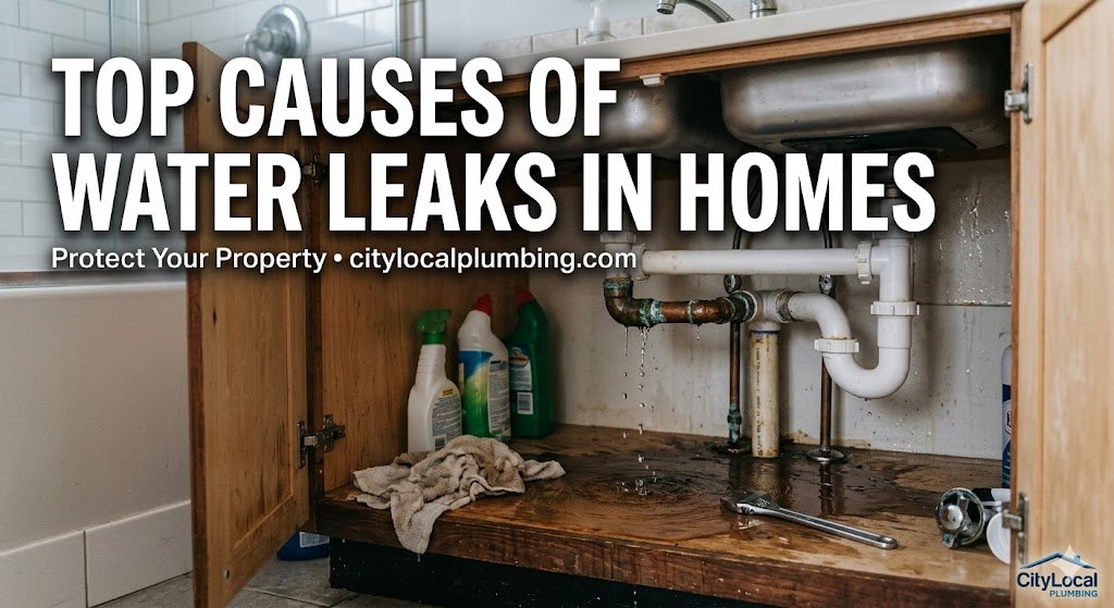 An open wooden under-sink cabinet showing a water leak dripping from a corroded pipe joint onto a wet, water-damaged cabinet floor. A plumbing wrench and cleaning supplies sit nearby. Text overlay reads "Top Causes of Water Leaks in Homes" with the CityLocal Plumbing logo.