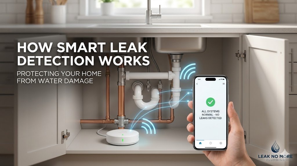 An open kitchen under-sink cabinet displaying plumbing pipes with a white smart leak detector sensor placed on the floor, emitting blue wireless signal lines. A hand holds a smartphone in the foreground showing an app with a green checkmark and the text "All Systems Normal - No Leaks Detected." Text overlay reads "How Smart Leak Detection Works" with the Leak No More Plumbing logo in the corner.