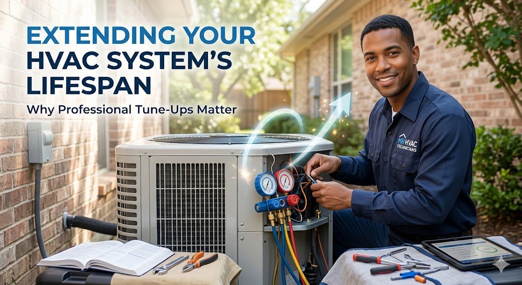 A professional male HVAC technician smiling while servicing an outdoor air conditioning unit with diagnostic gauges and tools. Text overlay reads "Extending Your HVAC System's Lifespan: Why Professional Tune-Ups Matter" with an upward arrow graphic symbolizing system optimization.