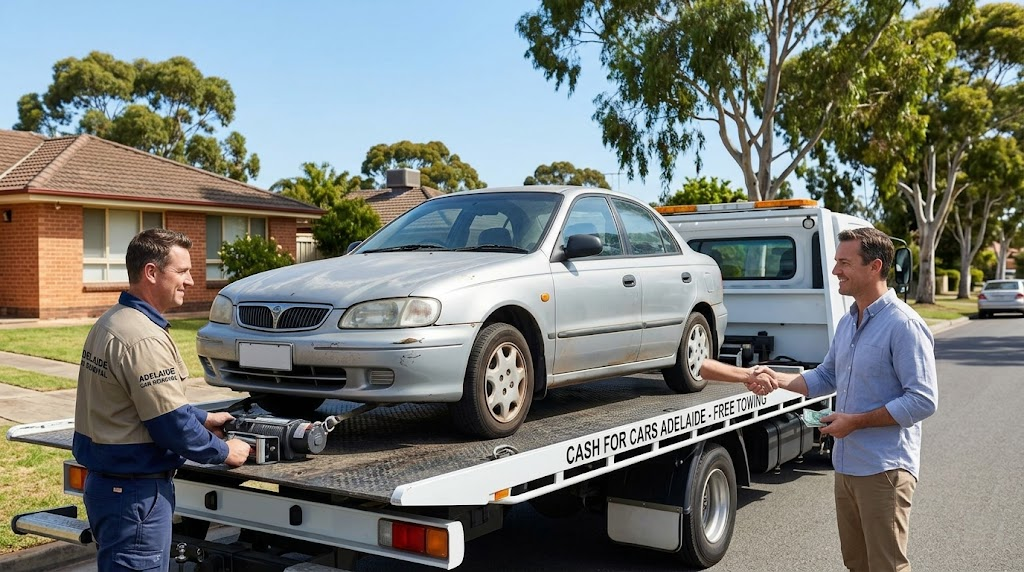Cash for cars Adelaide service loading an unwanted silver sedan onto a flatbed tow truck for free removal