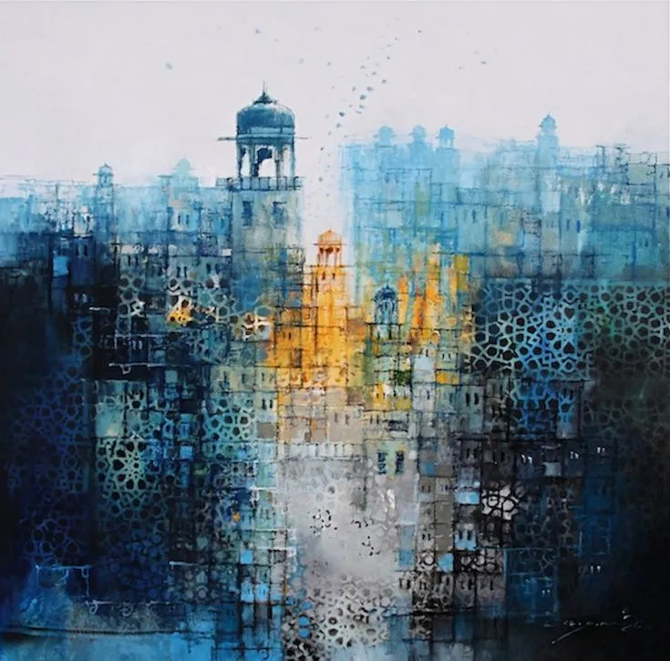 Contemporary Paintings Pakistan featuring an abstract cityscape with Islamic architecture, geometric patterns, and blue and golden watercolor tones.