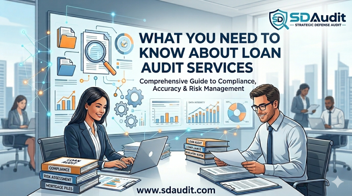 Blog featured image for SD Audit titled "What You Need to Know About Loan Audit Services" with professionals reviewing mortgage compliance files, highlighting a top-rated loan audit company in California