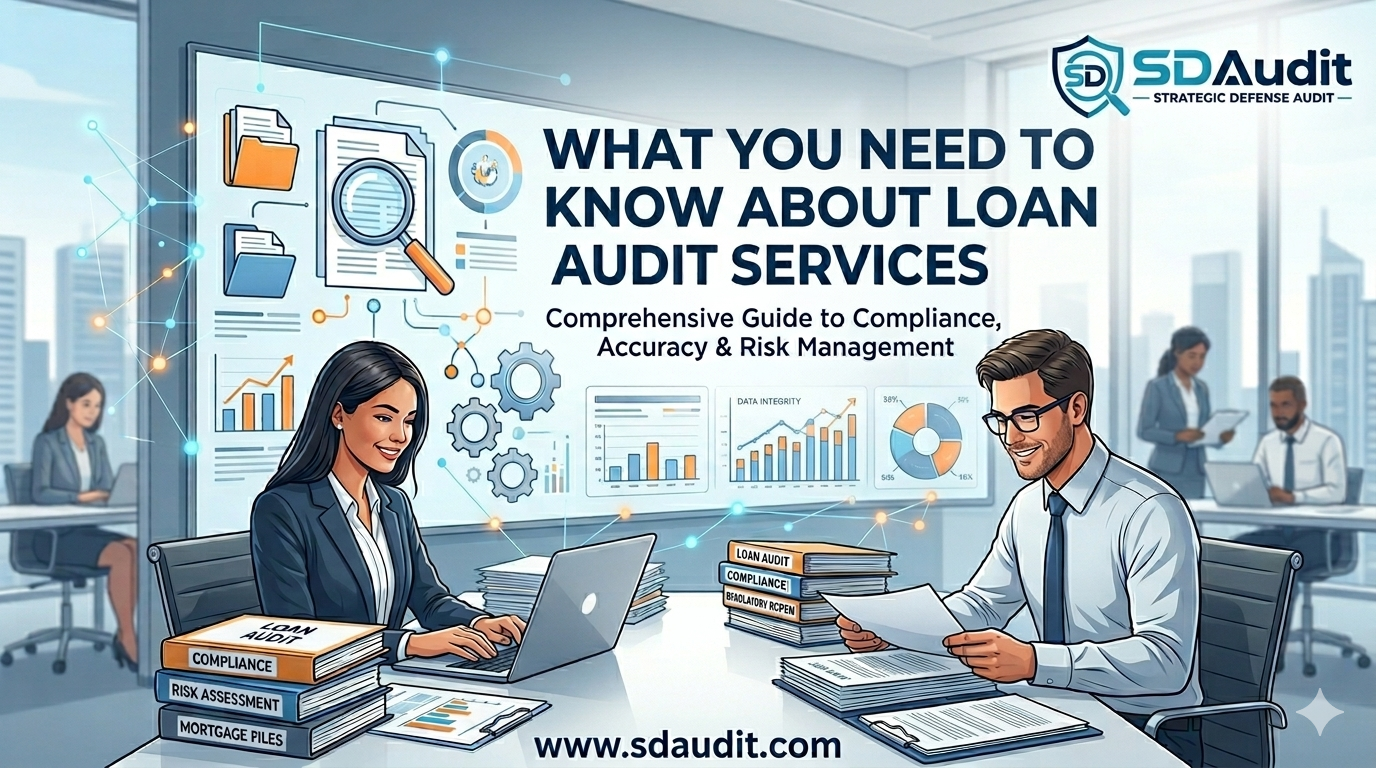Blog featured image for SD Audit titled "What You Need to Know About Loan Audit Services" with professionals reviewing mortgage compliance files, highlighting a top-rated loan audit company in California