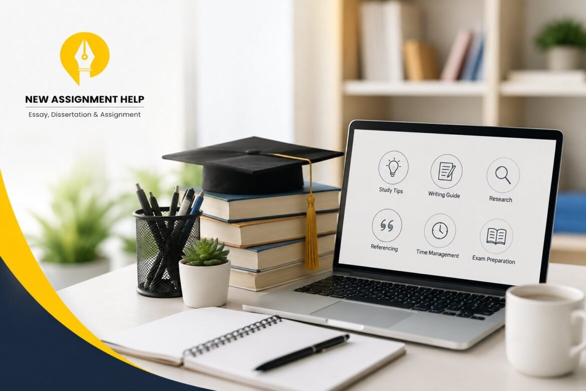 Modern university study workspace featuring books, a graduation cap, laptop, notebook, and academic resources, with the New Assignment Help logo prominently displayed. The image represents academic support, study skills, research assistance, assignment guidance, and student success in higher education.