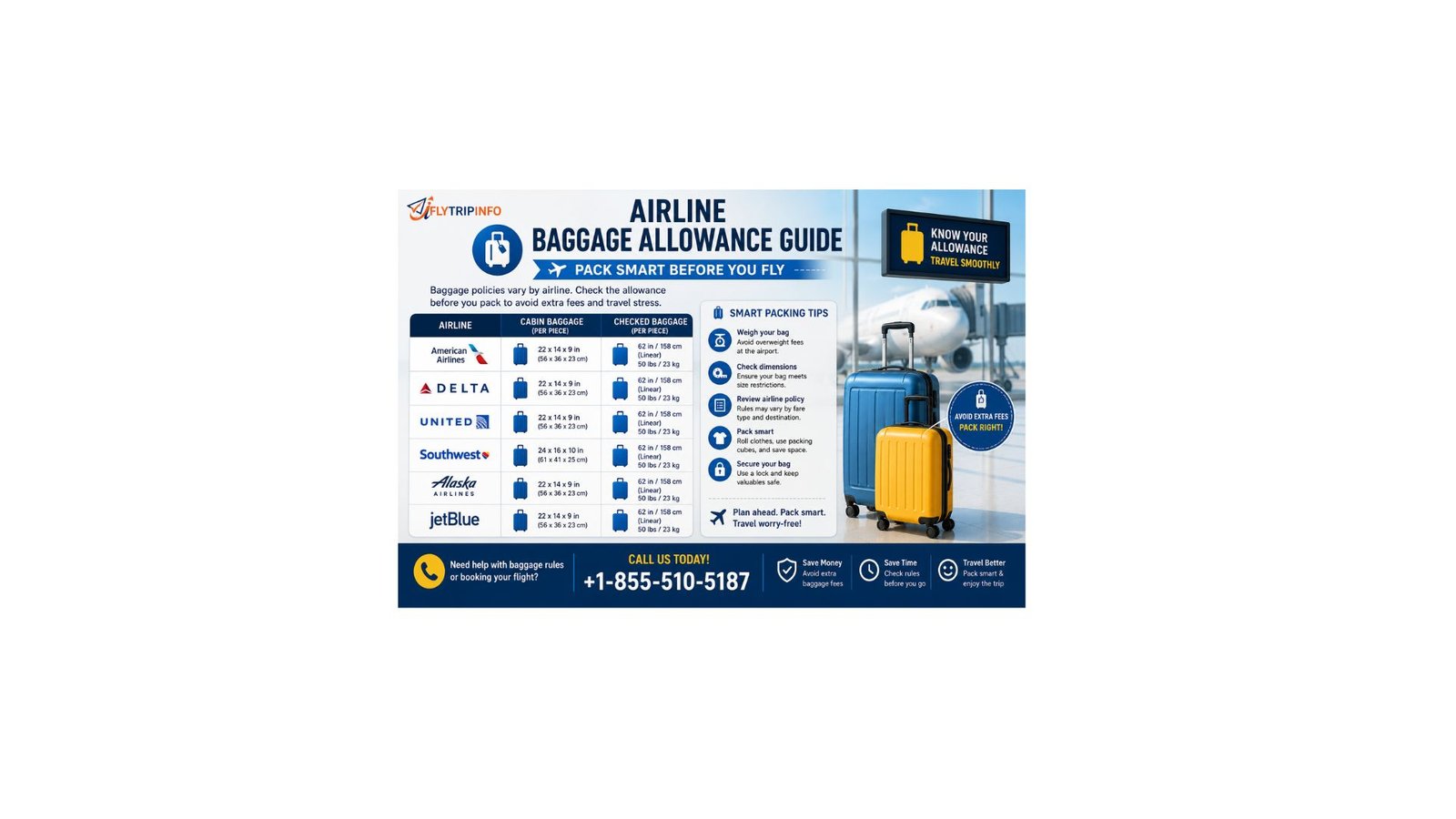 "Airline Baggage Allowance Guide infographic with packing tips