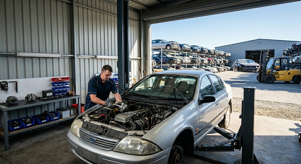 A male auto mechanic in a garage works on the engine of a silver sedan raised on a car lift. In the background, an expansive outdoor auto wrecking yard is visible, filled with multiple rows of cars stacked on metal racks under a clear blue sky. A large warehouse and a forklift are also in the distance.