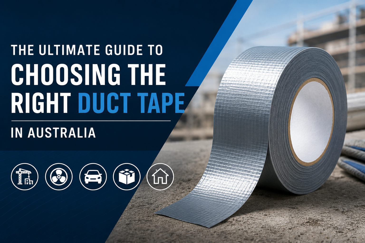 Heavy-duty duct tape roll with construction background illustrating a guide to choosing the right duct tape in Australia.