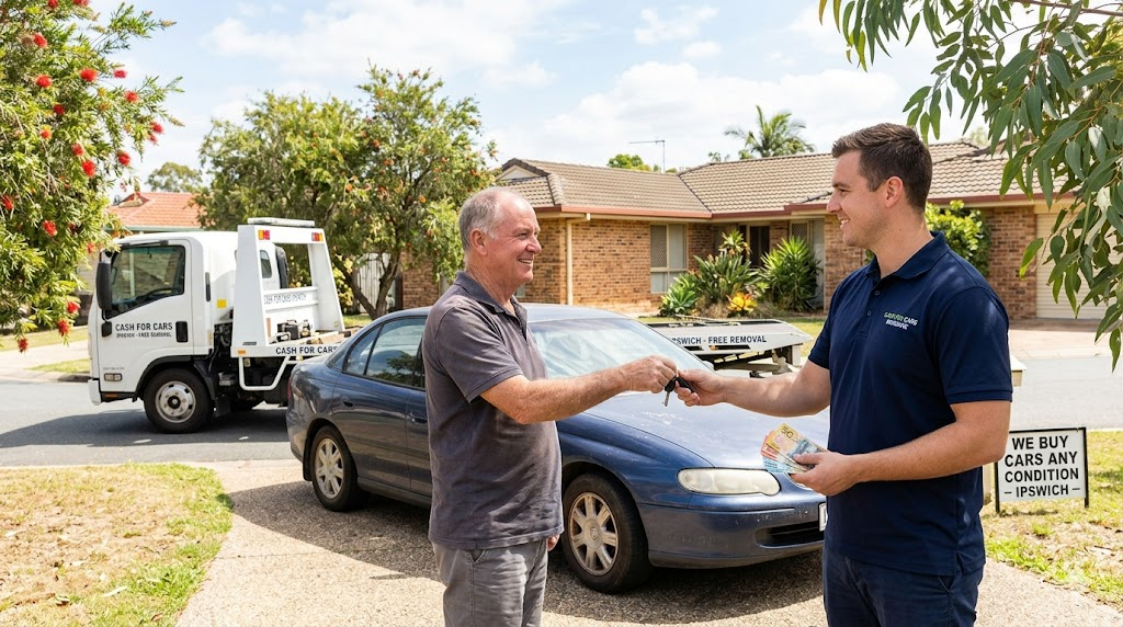 A happy Ipswich resident handing car keys to a friendly auto removal professional holding cash, with an older blue sedan and a white tow truck parked in a sunny suburban driveway.