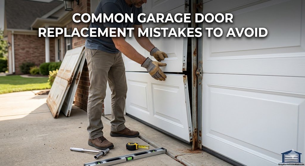 A man wearing work gloves manually adjusting a white sectional garage door panel on a concrete driveway. Old, worn-out door panels are stacked in the background against a brick wall, and tools like a spirit level, measuring tape, and wrench lie on the ground. Text overlay reads "Common Garage Door Replacement Mistakes to Avoid" with the Garage Door Installation Masters logo in the bottom right corner.