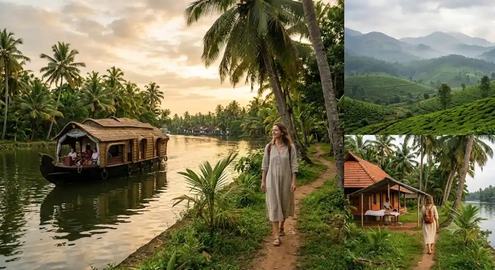 A traditional houseboat on calm backwaters in Kerala alongside Western travelers trekking through the lush mountains of Wayanad.