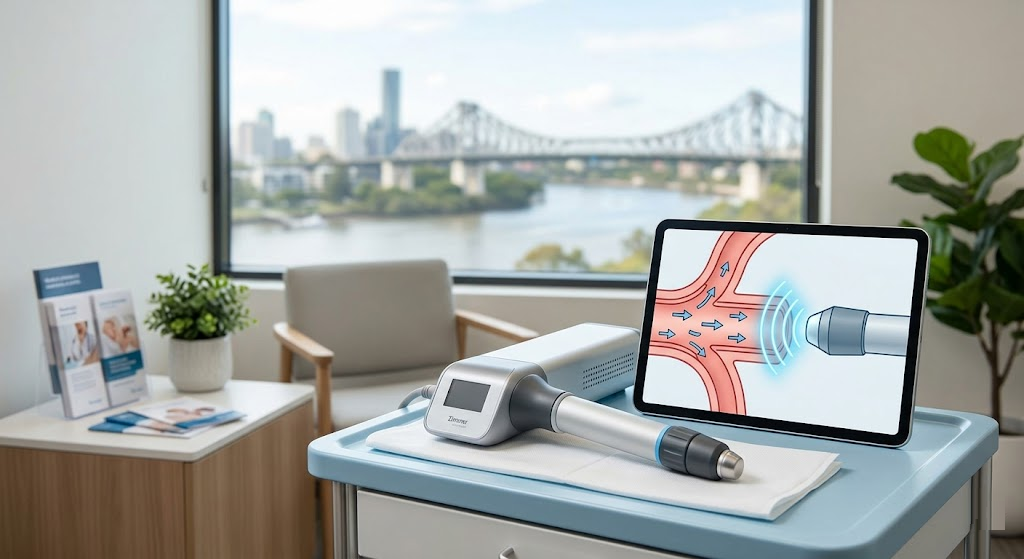 A modern medical clinic room in Brisbane overlooking the Story Bridge, featuring a clinical shockwave therapy device and a tablet illustrating improved blood flow for non-surgical erectile dysfunction treatment.