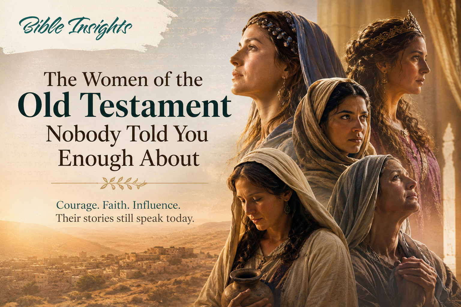 Women of the Old Testament featured image showing biblical women including Deborah, Ruth, Esther, Hannah, and Rahab with the Bible Insights logo and a desert landscape background.